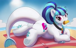 Size: 4096x2584 | Tagged: safe, artist:pabbley, sonata dusk (mlp), equine, fictional species, fish, hybrid, mammal, pony, siren, feral, friendship is magic, hasbro, my little pony, 2024, beach, beach blanket, butt, cute, equestria girls ponified, eyelashes, female, food, frog (hoof), g4, hair, high res, holding, hooves, looking back, lying down, mane, mare, mouth hold, ocean, ponified, prone, slightly chubby, solo, solo female, sploot, taco, tail, underhoof, water