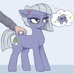 Size: 2300x2300 | Tagged: safe, artist:t72b, limestone pie (mlp), earth pony, equine, fictional species, human, mammal, pony, feral, friendship is magic, hasbro, my little pony, 1:1, 2024, back scratching, cross-popping veins, cute, emanata, female, g4, gritted teeth, hand, heart, high res, human on pony petting, mare, offscreen character, petting, simple background, teeth, tsundere