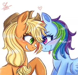 Size: 1280x1236 | Tagged: safe, artist:galaxy swirl, applejack (mlp), rainbow dash (mlp), earth pony, equine, fictional species, mammal, pegasus, pony, feral, friendship is magic, hasbro, my little pony, 2024, appledash (mlp), blushing, duo, duo female, female, female/female, females only, g4, hair, mane, mare, shipping, tongue, tongue out