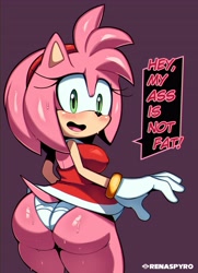 Size: 2654x3659 | Tagged: suggestive, artist:renaspyro, amy rose (sonic), hedgehog, mammal, anthro, sega, sonic the hedgehog (series), 2024, big butt, black nose, blushing, bottomwear, breasts, butt, clothes, digital art, dress, ears, eyelashes, female, fur, hair, nipple outline, open mouth, panties, rear view, short tail, sideboob, solo, solo female, tail, thighs, tongue, underwear, wide hips
