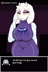 Size: 2756x4096 | Tagged: safe, artist:renaspyro, toriel (undertale), bovid, goat, mammal, anthro, undertale, 2024, bedroom eyes, big breasts, blushing, bottomwear, breasts, clothes, detailed background, digital art, dress, ears, eyelashes, female, fur, hair, mature, mature female, solo, solo female, tail, thighs, wide hips