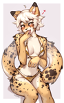 Size: 1400x2260 | Tagged: suggestive, artist:spuydjeks, oc, oc only, oc:aurora (spacecamper), cheetah, feline, mammal, anthro, 2024, belly button, bikini, black nose, breasts, commission, digital art, ears, eyelashes, female, fur, gold bikini, hair, looking at you, simple background, sitting, solo, solo female, tail, thighs, white background, wide hips