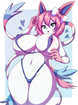 Size: 1662x2217 | Tagged: suggestive, artist:aquakey, eeveelution, fictional species, mammal, sylveon, anthro, nintendo, pokémon, 2024, areola, areola slip, bedroom eyes, belly button, bikini, black nose, breasts, clothes, digital art, ears, erection under clothes, eyelashes, female, fur, hair, huge breasts, looking at you, micro bikini, nipple outline, ribbons (body part), simple background, solo, solo female, swimsuit, tail, thick thighs, thighs, wide hips