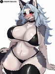Size: 1662x2217 | Tagged: suggestive, artist:cherifokkusu, loona (vivzmind), canine, fictional species, hellhound, mammal, anthro, hazbin hotel, helluva boss, 2024, bedroom eyes, belly button, bikini, black nose, breasts, clothes, colored sclera, digital art, ears, eyelashes, female, fur, hair, huge breasts, legwear, looking at you, red sclera, simple background, solo, solo female, stockings, swimsuit, tail, thighs, white background, wide hips