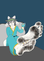 Size: 759x1053 | Tagged: suggestive, artist:crinard, oc, fictional species, mammal, monster, temmie (undertale), undertale, blushing, dirty feet, dirty soles, feet on table, feet up, fetish, foot fetish, foot focus, karate, male, soles, teasing, toes