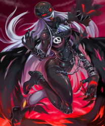 Size: 2083x2500 | Tagged: safe, artist:toastyscones, fictional species, ladydevimon, digimon, 2021, abstract background, breasts, chains, claws, cleavage, clothes, female, hair, high heels, latex, latex suit, red eyes, shoes, solo, solo female, stitches, tongue, tongue out, white hair