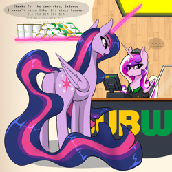 Size: 3072x3072 | Tagged: safe, artist:theuser, princess cadence (mlp), twilight sparkle (mlp), alicorn, equine, fictional species, mammal, pony, feral, friendship is magic, hasbro, my little pony, 2024, alicorn metabolism, back of head, butt, cutie mark, dock, duo, duo female, ethereal mane, ethereal tail, featureless crotch, female, females only, folded wings, g4, glowing, glowing horn, height difference, high res, horn, long horn, long mane, long tail, magic, magic aura, older, princess twilight 2.0, subway, tail, tall, telekinesis, wings