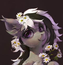 Size: 1929x2000 | Tagged: safe, artist:rvsd, oc, oc only, bat pony, equine, fictional species, mammal, pony, feral, friendship is magic, hasbro, my little pony, 2024, bouquet, bust, commission, daisy (flower), ear fluff, ear tuft, fangs, female, flower, flower in hair, fluff, hair, hair accessory, mare, plant, sharp teeth, smiling, solo, solo female, teeth