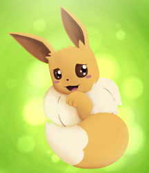 Size: 830x962 | Tagged: safe, artist:furianocturna01, eevee, eeveelution, fictional species, mammal, feral, nintendo, pokémon, 2d, ambiguous gender, black nose, brown body, brown eyes, brown fur, cute, dipstick tail, fluff, fur, head fluff, open mouth, open smile, pink tongue, smiling, solo, solo ambiguous, tail, tongue