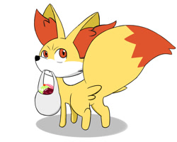 Size: 1000x800 | Tagged: safe, artist:furianocturna01, fennekin, fictional species, feral, nintendo, pokémon, 2d, ambiguous gender, bag, butt, container, dipstick tail, fur, holding, mouth hold, orange eyes, raised tail, simple background, solo, solo ambiguous, standing, starter pokémon, tail, white background, yellow body, yellow fur