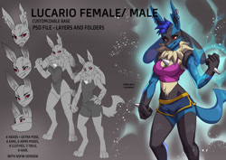 Size: 1280x905 | Tagged: safe, artist:alanscampos, fictional species, lucario, mammal, anthro, digitigrade anthro, nintendo, pokémon, 2021, belly button, black nose, bottomwear, breasts, clothes, crop top, digital art, ear piercing, ears, eyelashes, female, fluff, fur, hair, neck fluff, piercing, reference sheet, shorts, solo, solo female, tail, thighs, topwear, wide hips