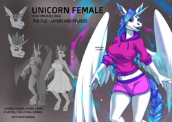 Size: 1280x905 | Tagged: safe, artist:alanscampos, equine, fictional species, hybrid, mammal, pony, unicorn, anthro, unguligrade anthro, 2021, belly button, black nose, bottomwear, breasts, clothes, digital art, ears, eyelashes, female, fur, hair, hooves, reference sheet, shirt, shorts, solo, solo female, tail, thighs, topwear, wide hips, wings