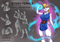 Size: 1280x905 | Tagged: safe, artist:alanscampos, lagomorph, mammal, rabbit, anthro, digitigrade anthro, 2021, belly button, black nose, bottomwear, breasts, clothes, digital art, dress, ears, eyelashes, female, fur, hair, reference sheet, solo, solo female, tail, thighs, wide hips
