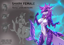 Size: 1280x905 | Tagged: safe, artist:alanscampos, fish, shark, anthro, digitigrade anthro, 2021, belly button, bikini, breasts, clothes, digital art, ears, eyelashes, female, fins, fish tail, hair, looking at you, reference sheet, scales, shark tail, solo, solo female, swimsuit, tail, thighs, wide hips