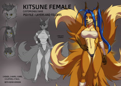 Size: 1280x905 | Tagged: safe, artist:alanscampos, canine, fictional species, fox, kitsune, mammal, anthro, digitigrade anthro, 2021, bandeau, belly button, black nose, breasts, clothes, digital art, ears, eyelashes, female, fingerless gloves, fur, gloves, hair, hand on hip, looking at you, multiple tails, nine tails, panties, reference sheet, solo, solo female, tail, thighs, underwear, vixen, wide hips