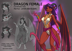 Size: 1280x905 | Tagged: safe, artist:alanscampos, dragon, fictional species, anthro, digitigrade anthro, 2020, belly button, bikini, breasts, clothes, digital art, dragon wings, dragoness, ears, eyelashes, female, hair, horns, looking at you, reference sheet, scales, sling bikini, solo, solo female, swimsuit, tail, thighs, wide hips