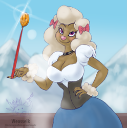 Size: 1289x1300 | Tagged: safe, artist:weasselk, brenda springer (animalympics), canine, dog, mammal, poodle, anthro, animalympics, bedroom eyes, big breasts, blonde hair, breasts, cleavage, curled hair, female, gold medal, hair, looking at you, mountain, smiling, smiling at you, solo