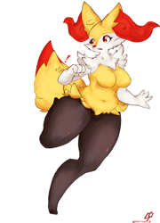 Size: 2500x3481 | Tagged: suggestive, artist:shnibbles, braixen, fictional species, anthro, digitigrade anthro, nintendo, pokémon, 2024, belly button, black nose, breasts, digital art, ear fluff, ears, eyelashes, featureless breasts, featureless crotch, female, fluff, fur, hair, hip fluff, looking at you, simple background, solo, solo female, starter pokémon, tail, thighs, white background, wide hips