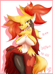 Size: 2133x3000 | Tagged: suggestive, artist:kyodashiro, delphox, fictional species, anthro, nintendo, pokémon, 2016, belly button, black nose, breasts, digital art, ear fluff, ears, eyelashes, featureless breasts, female, fluff, fur, hair, looking at you, simple background, solo, solo female, starter pokémon, tail, thighs, wide hips