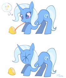 Size: 1726x2048 | Tagged: safe, artist:petaltwinkle, trixie (mlp), equine, fictional species, mammal, pony, unicorn, friendship is magic, hasbro, my little pony, 2 panel comic, :p, bent over, blue coat, blue hair, blue mane, blue tail, cartoon physics, comic, cute, eyelashes, female, food, fruit, g4, hair, horn, juice, leaning forward, lemon, lemon meme, lemon slice, lemonade, licking, long mane, long tail, long tongue, mane, mare, meme, multicolored hair, multicolored tail, pink eyes, puckered face, scrunchy face, shiny eyes, silly, silly pony, simple background, smiling, solo, sour, tail, thinking, thought bubble, tongue, tongue out, two toned hair, two toned tail, unicorn horn, wavy mane, wavy tail, white background