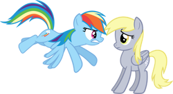 Size: 827x454 | Tagged: safe, artist:porygon2z, derpy hooves (mlp), rainbow dash (mlp), equine, fictional species, mammal, pegasus, pony, feral, friendship is magic, hasbro, my little pony, 2d, angry, duo, duo female, female, females only, flying, frowning, gritted teeth, looking at each other, mare, on model, sad, simple background, standing, teeth, transparent background