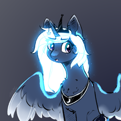 Size: 2049x2049 | Tagged: safe, artist:wolfythewolf555, princess luna (mlp), alicorn, equine, fictional species, mammal, pony, friendship is magic, hasbro, my little pony, chest fluff, crown, fluff, glowing mane, headwear, high res, jewelry, open mouth, regalia