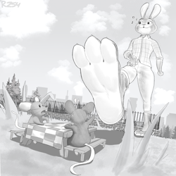 Size: 3000x3000 | Tagged: suggestive, artist:rz54, judy hopps (zootopia), lagomorph, mammal, mouse, rabbit, rodent, disney, zootopia, dominant, dominant female, female, fetish, foot fetish, foot focus, macro, micro, park, picnic table, sole, stomping, submissive, sweat, toes, trampling, whistling