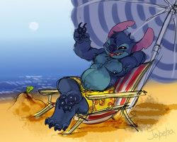 Size: 2143x1720 | Tagged: safe, artist:jabeha, stitch (lilo & stitch), alien, experiment (lilo & stitch), fictional species, anthro, disney, lilo & stitch, 2024, 4 fingers, 4 toes, anthrofied, beach, beach chair, beach umbrella, bipedal, black eyes, blue body, blue claws, blue fur, blue nose, blue paw pads, blue pupils, chair, chubby anthro, chubby male, claws, clothes, colored pupils, colored sketch, crossed legs, digital art, ears, feet, finger claws, fingers, fur, gesture, hand behind head, hand gesture, leaf, looking at you, male, ocean, one eye closed, parasol, partial nudity, paw pads, paws, pupils, purple inner ear, reclining, sand, signature, sitting, sketch, slightly chubby, smiling, smirk, solo, swimming trunks, swimsuit, toe claws, toes, tongue, tongue out, topless, topless anthro, topless male, torn ear, umbrella, v sign, water, winking