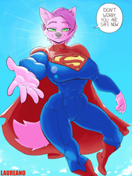 Size: 1662x2217 | Tagged: safe, artist:laureano, oc, oc only, canine, dog, mammal, anthro, dc comics, 2024, belly button, big breasts, black nose, boots, breasts, cape, clothes, commission, digital art, ears, eyelashes, female, flying, footwear, fur, hair, shoes, simple background, solo, solo female, suit, supergirl (dc), tail, thighs, wide hips