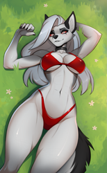Size: 821x1336 | Tagged: safe, artist:harukoharuko, loona (vivzmind), canine, fictional species, hellhound, mammal, anthro, hazbin hotel, helluva boss, 2024, bedroom eyes, belly button, bikini, black nose, breasts, clothes, colored sclera, detailed background, digital art, ears, eyelashes, female, fur, grass, hair, lying on the ground, red sclera, solo, solo female, swimsuit, tail, thighs, wide hips
