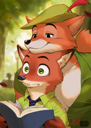 Size: 680x962 | Tagged: safe, artist:popodunk, nick wilde (zootopia), robin hood (robin hood), canine, fox, mammal, anthro, disney, robin hood (disney), zootopia, 2024, bedroom eyes, black nose, blushing, book, clothes, crossover, detailed background, digital art, duo, duo male, ears, forest, fur, hat, headwear, male, males only, necktie, plant, reading, shirt, tail, thighs, topwear, tree