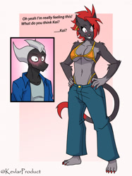 Size: 1662x2217 | Tagged: suggestive, artist:kevlar_product, oc, oc only, oc x oc, cat, dragon, feline, fictional species, mammal, anthro, digitigrade anthro, 2024, anthro/anthro, belly button, bikini, black nose, bottomwear, breasts, clothes, dialogue, digital art, duo, duo male and female, ears, eyelashes, female, fur, hair, hand on hip, male, male/female, meme, pants, picture-in-picture, scales, shipping, simple background, swimsuit, tail, talking, text, thighs, wide hips