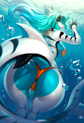 Size: 598x875 | Tagged: suggestive, artist:dolorosacake, oc, oc only, fish, shark, anthro, 2024, breasts, butt, cameltoe, commission, digital art, ears, eyelashes, female, fins, fish tail, hair, looking at you, looking back, looking back at you, nipple outline, ocean, rear view, rearboob, scales, shark tail, solo, solo female, tail, thighs, underwater, water, wide hips, ych result