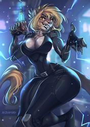Size: 1614x2283 | Tagged: suggestive, artist:tltechelon, oc, oc only, big cat, feline, lion, mammal, anthro, 2024, big breasts, black nose, breasts, cleavage, clothes, commission, cyberpunk, cyborg, detailed background, digital art, ears, eyelashes, female, fur, hair, lioness, solo, solo female, suit, tail, teeth, thighs, wide hips, yellow hair, yellow tail