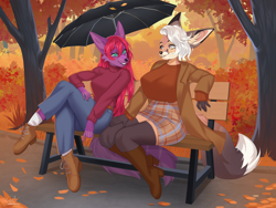 Size: 1280x961 | Tagged: safe, artist:sorafoxyteils, oc, oc only, canine, fox, mammal, wolf, anthro, 2024, autumn, bench, black nose, boots, bottomwear, breasts, clothes, commission, detailed background, digital art, duo, duo female, ears, eyelashes, female, females only, fur, hair, high heel boots, high heels, leaf, looking at each other, pants, park, plant, shirt, shoes, sitting, skirt, tail, thighs, topwear, tree, umbrella, vixen, wide hips