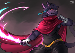 Size: 3427x2419 | Tagged: safe, artist:ocaritna, clairen (rivals of aether), feline, mammal, anthro, rivals of aether, 2024, clothes, female, future, high res, melee weapon, solo, sword, video game, weapon