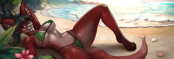 Size: 3300x1116 | Tagged: suggestive, artist:avinz, oc, oc only, canine, fennec fox, fox, mammal, anthro, digitigrade anthro, 2024, beach, belly button, big breasts, bikini, black nose, breasts, cameltoe, clothes, commission, detailed background, digital art, ear fluff, ears, eyelashes, female, fluff, fur, hair, looking at you, lying on the ground, micro bikini, ocean, sand, solo, solo female, swimsuit, tail, thighs, water, wide hips