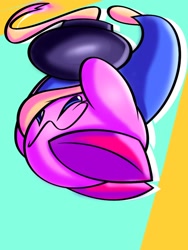 Size: 1080x1440 | Tagged: safe, artist:silverkirby789, kirby (kirby), fictional species, puffball (kirby), kirby (series), nintendo, 2024, blue eyes, bomb, clothes, digital art, explosives, hat, headwear, holding, holding bomb, holding object, pink body, simple background, smiling, solo