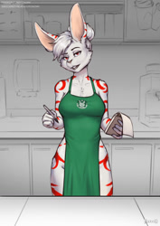 Size: 905x1280 | Tagged: suggestive, artist:foxovh, oc, oc only, lagomorph, mammal, rabbit, anthro, 2024, apron, black nose, breasts, cafe, clothes, commission, detailed background, digital art, ears, eyelashes, female, fur, hair, i mean breast milk, looking at you, meme, naked apron, nudity, partial nudity, solo, solo female, tail, thighs, wide hips