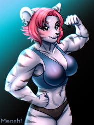 Size: 1667x2211 | Tagged: safe, artist:meosh, oc, oc only, cat, feline, mammal, anthro, 2024, art trade, belly button, black nose, breasts, cleavage, clothes, detailed background, digital art, ears, eyelashes, female, flexing, fur, hair, hand on hip, muscles, solo, solo female, sports bra, sports panties, tail, thighs, topwear, wide hips