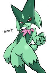 Size: 1614x2283 | Tagged: safe, artist:thedemonfoxy, fictional species, meowscarada, semi-anthro, nintendo, pokémon, spoiler:pokémon gen 9, spoiler:pokémon scarlet and violet, 2024, ambiguous gender, bedroom eyes, digital art, ears, fur, looking at you, mask, pink nose, simple background, solo, solo ambiguous, starter pokémon, tail, white background