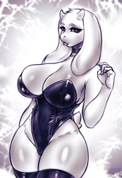 Size: 1000x1450 | Tagged: safe, artist:cocicka, toriel (undertale), bovid, goat, mammal, anthro, undertale, 2024, bedroom eyes, big breasts, black nose, breasts, bunny suit, clothes, digital art, ears, eyelashes, female, fur, hair, legwear, leotard, looking at you, mature, mature female, simple background, solo, solo female, stockings, tail, thighs, wide hips