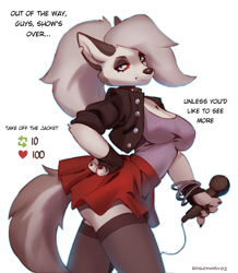 Size: 1569x1800 | Tagged: safe, artist:rosemary02, loona (vivzmind), canine, fictional species, hellhound, mammal, anthro, hazbin hotel, helluva boss, 2024, black nose, bottomwear, breasts, clothes, digital art, ears, eyelashes, female, fur, hair, jacket, legwear, looking at you, microphone, shirt, simple background, skirt, smiling, smiling at you, solo, solo female, stockings, tail, thighs, topwear, white background, wide hips