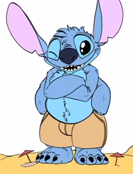 Size: 2048x2683 | Tagged: safe, artist:dylbun, stitch (lilo & stitch), alien, experiment (lilo & stitch), fictional species, disney, lilo & stitch, 2021, 4 arms, 4 toes, beach, beach blanket, beach umbrella, black eyes, blue body, blue fur, blue nose, bottomwear, chubby anthro, chubby male, claws, clothes, crossed arms, digital art, ears, feet, flat colors, fluff, fur, hand on hip, head fluff, macro, male, multiple arms, multiple limbs, one eye closed, open mouth, open smile, parasol, partial nudity, shorts, simple background, slightly chubby, smiling, solo, standing, tan clothing, tan shorts, teeth, toe claws, toes, topless, topless anthro, topless male, torn ear, umbrella, white background, winking