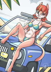 Size: 1614x2283 | Tagged: safe, artist:mysticalpha, oc, oc only, cat, feline, mammal, anthro, digitigrade anthro, 2024, beach, bedroom eyes, belly button, bikini, breasts, clothes, detailed background, digital art, ears, eyelashes, female, fur, hair, looking at you, pink nose, solo, solo female, swimsuit, tail, thighs, wide hips