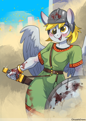 Size: 848x1200 | Tagged: safe, artist:chrysalisdraws, derpy hooves (mlp), equine, fictional species, mammal, pegasus, pony, anthro, friendship is magic, hasbro, my little pony, 2024, bottomwear, breasts, clothes, detailed background, digital art, dress, ears, eyelashes, female, fur, hair, headwear, helmet, shield, solo, solo female, spread wings, sword, tail, thighs, weapon, wide hips, wings