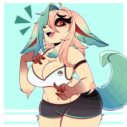 Size: 3000x3000 | Tagged: safe, artist:wirelessshiba, eeveelution, fictional species, leafeon, mammal, anthro, nintendo, pokémon, 2024, belly button, big breasts, black nose, blushing, bottomwear, breasts, clothes, digital art, ears, eyelashes, female, fur, hair, hair over one eye, open mouth, shorts, simple background, solo, solo female, sports bra, sports shorts, tail, thighs, tongue, topwear, wide hips