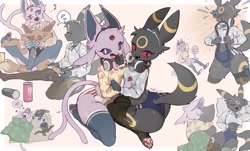 Size: 4096x2481 | Tagged: safe, artist:yuio, eevee, eeveelution, espeon, fictional species, mammal, umbreon, anthro, digitigrade anthro, nintendo, pokémon, 2022, anthro/anthro, belly button, black nose, breasts, clothes, digital art, duo, duo female, ears, eyelashes, female, female/female, females only, fur, game controller, hair, legwear, looking at you, looking back, looking back at you, panties, picture-in-picture, shirt, stockings, tail, thighs, topwear, underwear, wide hips