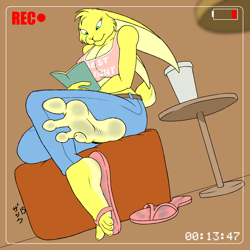 Size: 2000x2000 | Tagged: suggestive, artist:zp92, lagomorph, mammal, rabbit, bra, breasts, clothes, dirty feet, dirty soles, female, fetish, filming, flip flops, foot fetish, foot focus, foot pov, footprint, jeans, pants, reading, sole, teasing, toes, underwear