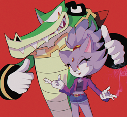 Size: 1800x1660 | Tagged: safe, artist:nanobutts, blaze the cat (sonic), vector the crocodile (sonic), cat, crocodile, crocodilian, feline, mammal, reptile, sega, sonic the hedgehog (series), 2019, bottomwear, bracelet, cat ears, cat tail, chain, clothes, duo, duo male and female, female, forehead gem, fur, gloves, gold chain, green eyes, hair, headphones, headwear, jacket, jewelry, male, necklace, open mouth, open smile, ponytail, purple body, purple fur, sharp teeth, shirt, shorts, simple background, smiling, smoke, teeth, topwear, yellow eyes